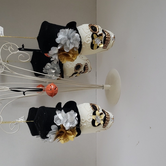 Set of 4 SKULL ornaments 3 little jingle Jack-O-Lanterns  halloween decor - Picture 8 of 12